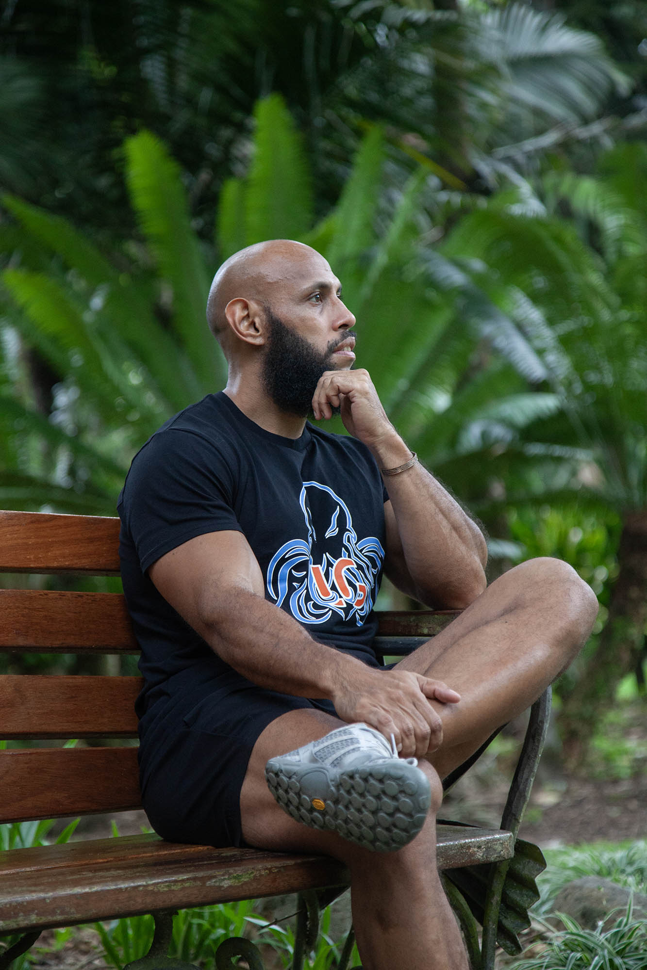 Mengui sitting pensively in Botanical Gardens, Cairns, Australia