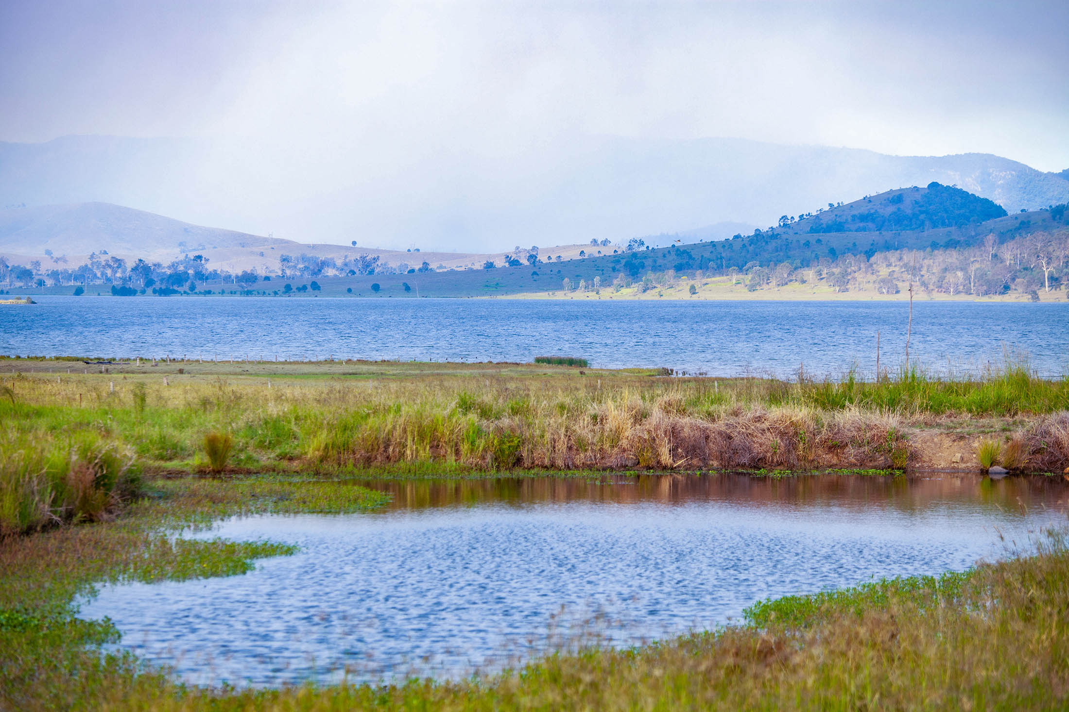Small dam with a backdrop of Somerset Dam near Kilcoy